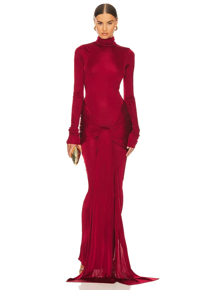 

Sexy High Necked Long Sleeves Draped Long Dress Women Red Patchwork Lace-up Pleated Maxi Bodycon Evening Club Party Dress