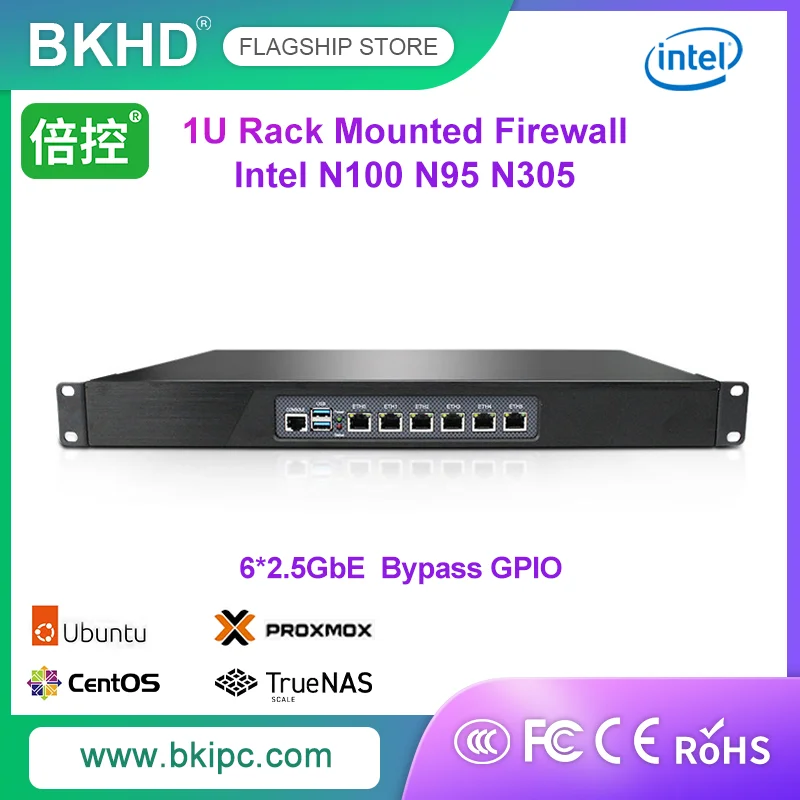 BKHD 1U Hard Ware Rack Mounted Firewall Intel N100 N95/i3 N305 6*RJ45 Mini-PCIE support WIFI BT 4G GPIO Bypass Network Server