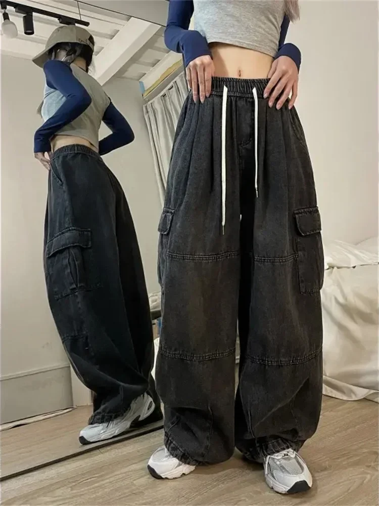 

Streetwear Vintage Blue Cargo Jeans Women Baggy Denim Pants Oversized Y2K Grunge Hip Hop Harajuku Casual Wide Leg Trousers