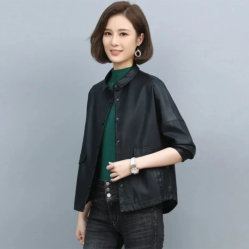 Women Leather Jacket New Female Spring Autumn Large Size Coats Female Leather Overcoat PU Leather Jacket JJ239 4