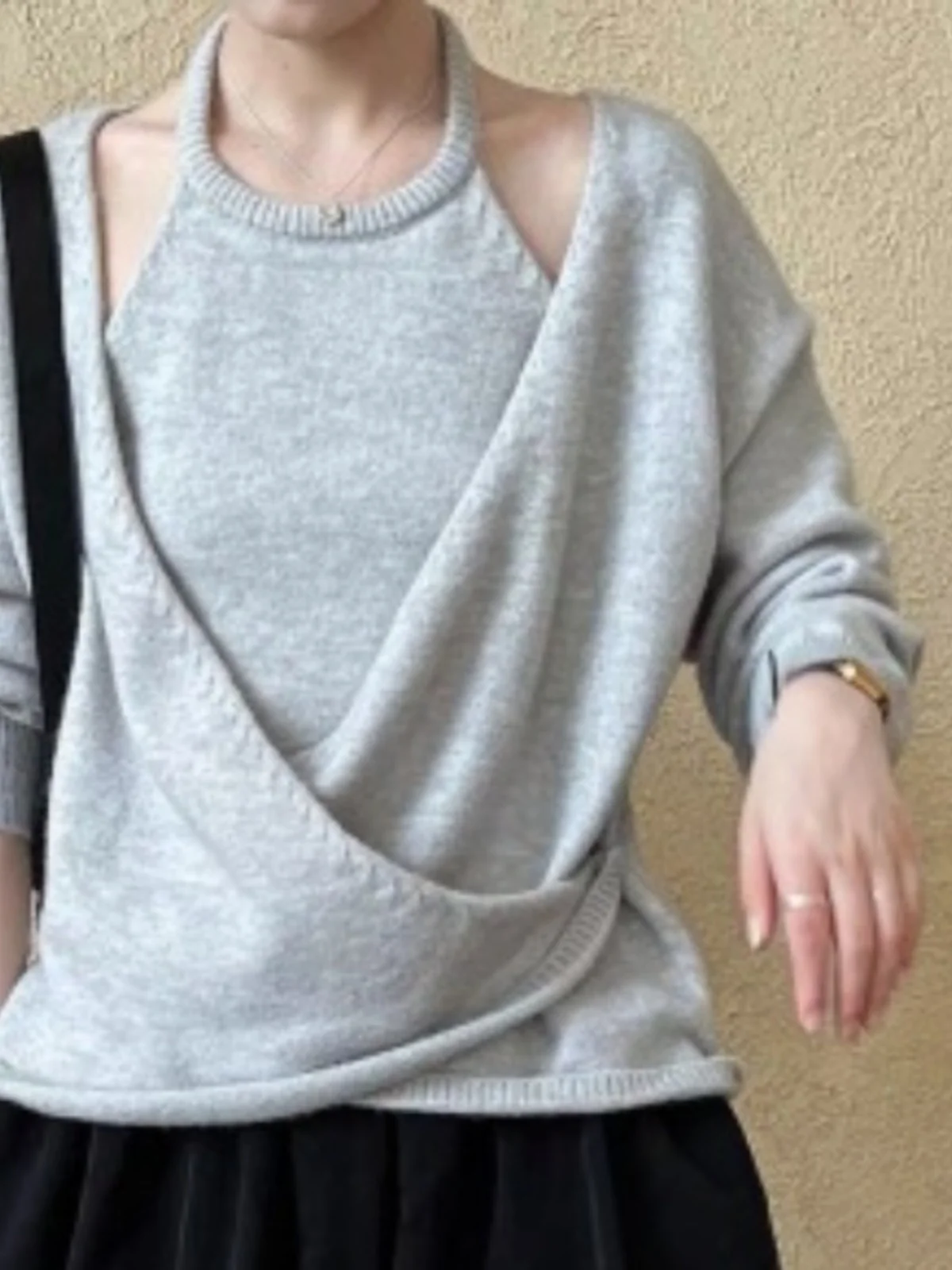 한국 스타일 브이넥 숏 니트 스웨터 여성용 레이지 패션 넥 행잉 탑 봄 투피스 세트 따뜻함 발산 긴팔