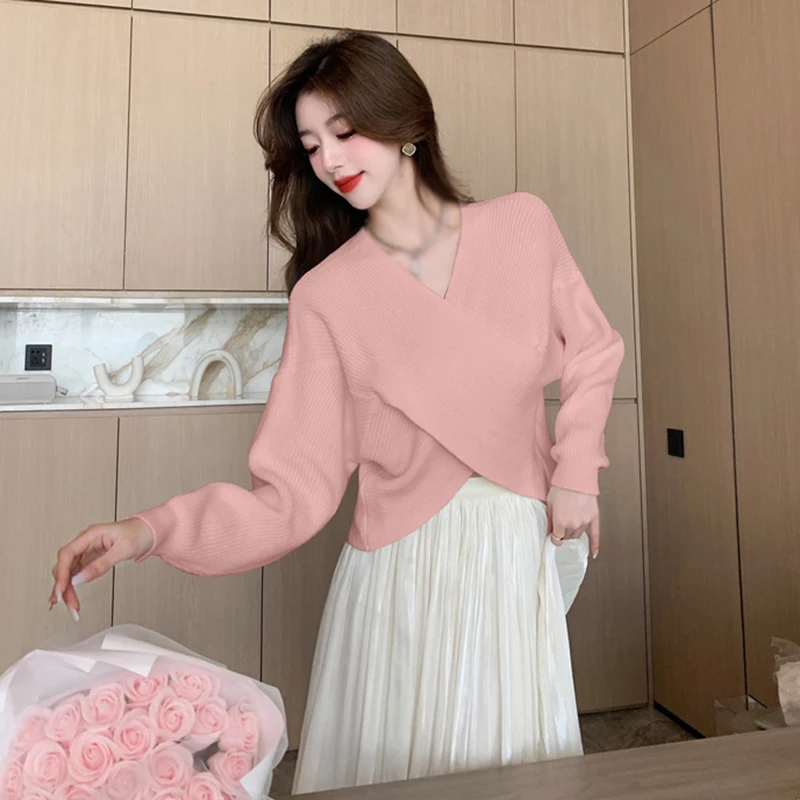 

Women Knitted Sweater Crossover Design V-neck Long Sleeves Inside Wear Versatile Bottoming Shirt Spring Autumn