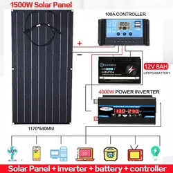 3000W Solar System For Home Complete Kit With 1500W 3000W Solar Panel 100A  Controller 110V 220V 4000W Inverter 8Ah LFP Battery