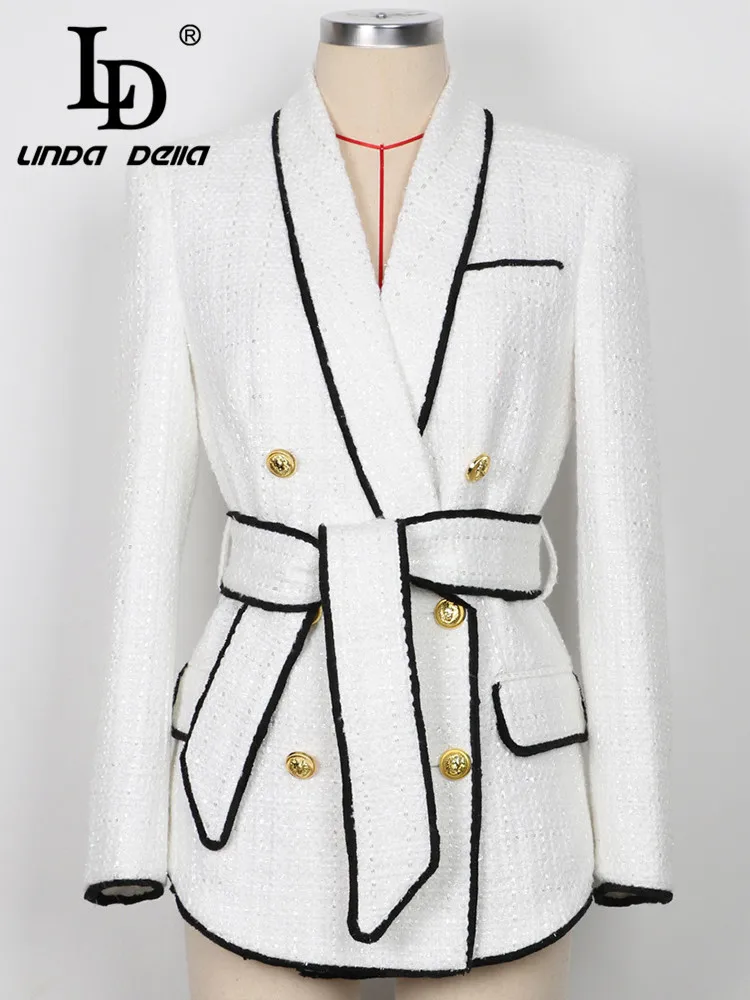 LD LINDA DELLA Autumn and winter Vintage Designer warm Coat Women's White Double-breasted Lacing waist Slim Fit Short Coat