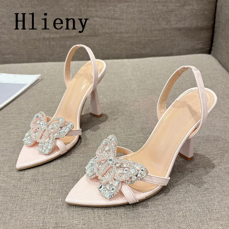 Hlieny Design Style Crystal Butterfly-knot Women Sandals Summer Pointed Toe High Heels Sexy Wedding Party Shoes Rozmiar 35-41