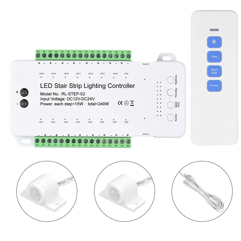 Dimmable Stair LED Controller 16 Channels Dual PIR Motion Sensor Step Light Strip Staircase Controler For Lamp Strip