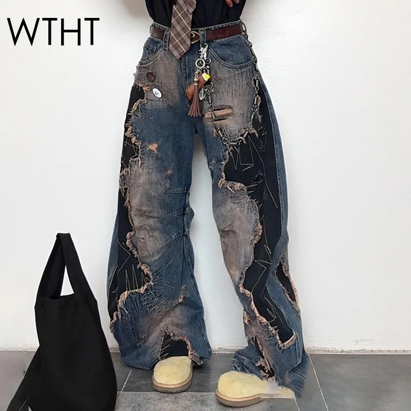 

WTHT винтажные широкие джинсы неправильной формы с принтом тай-дай для женщин, зимняя мода 2025 года, джинсовые брюки с высокой талией, женские 1LS2689