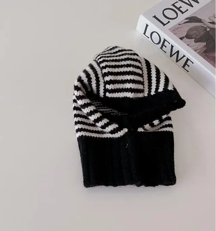 Winter Korean Fashion Children Baby Knit Hooded Scarf Caps Warm Stripe One Piece Hat Kids Accessories