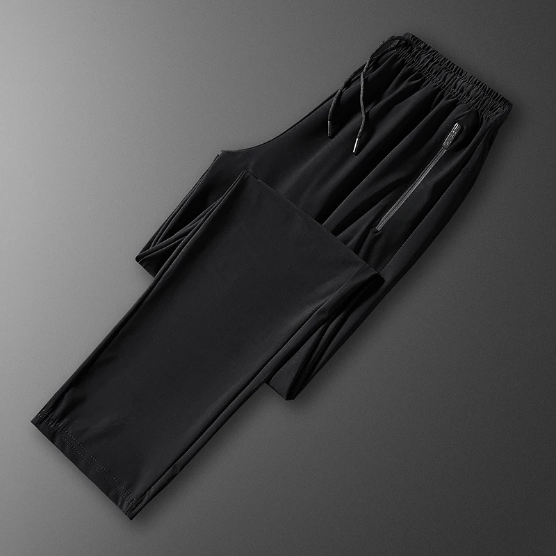 

2023 New Summer thin quick-drying ice silk trousers casual Elastic Waist Pants loose Male Black Lightweight Long pants