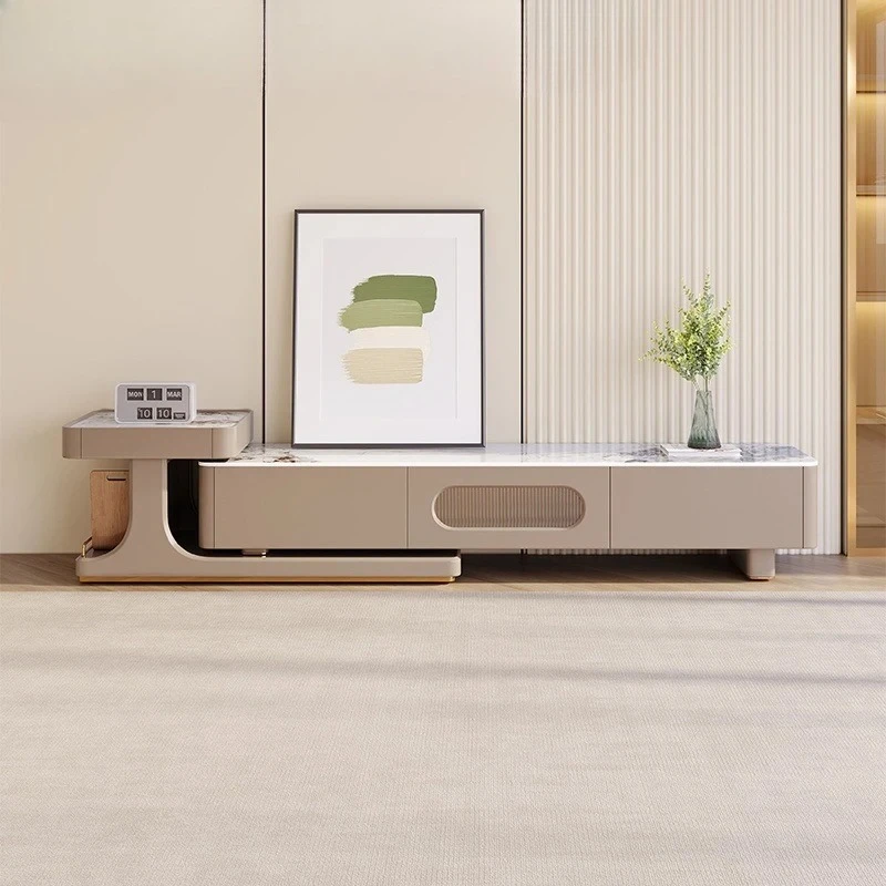 

Минималистичный современный телевизионный шкаф в стиле лайт-люкс для дома, комбинированный с выдвижным кофейным столиком для гостиной.