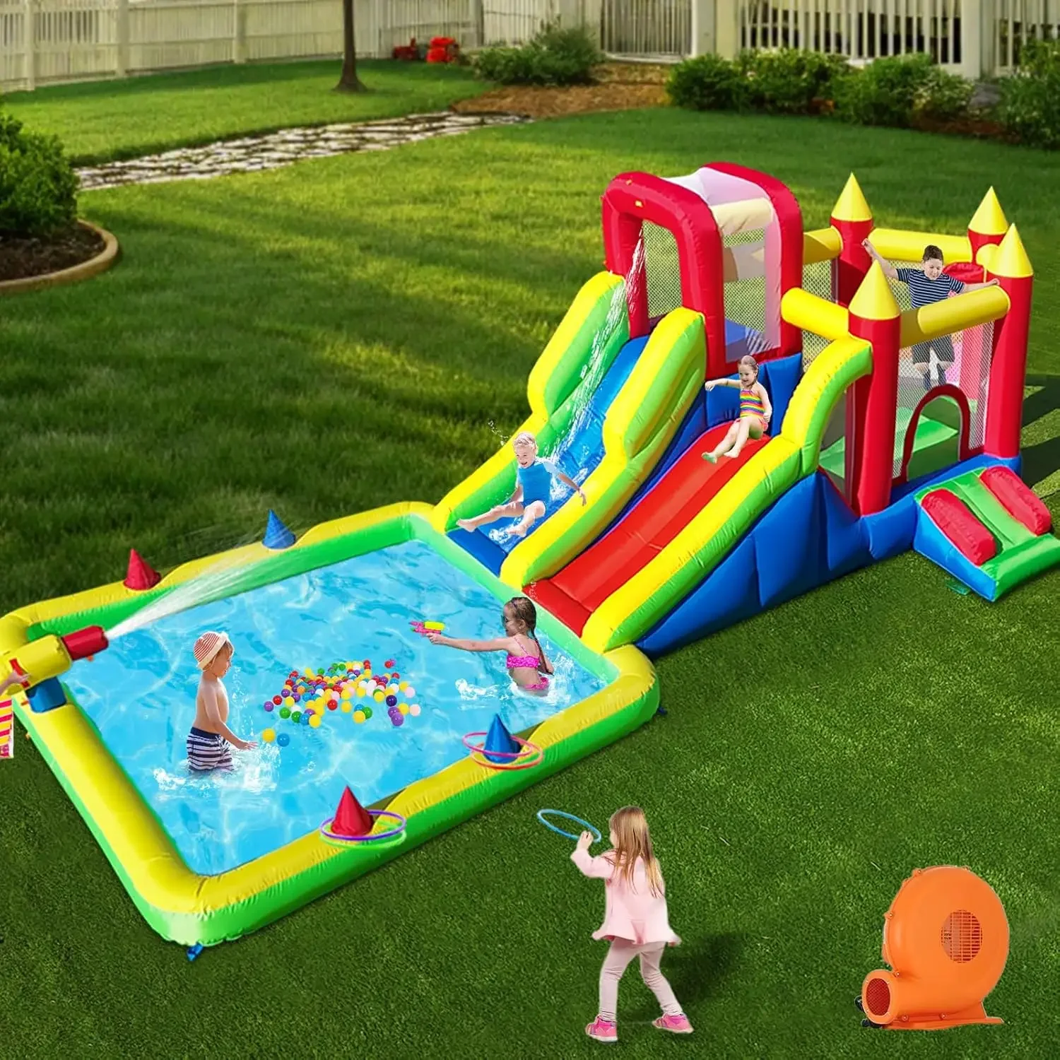 

10-in-1 Inflatable Water Park - Giant Bounce House with 2 Water Slides, Big Splash Pool, Water Cannons, Climbing Wall, Tunnels &