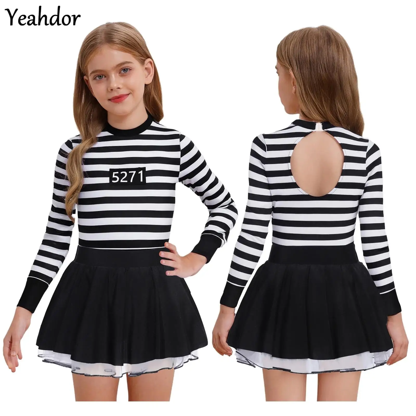 

Girls Halloween Prisoner Dress Cosplay Jailbird Inmate Costumes Striped Puffy Long/Short Sleeve Ruffle Skirt Ballet Tutu Dress