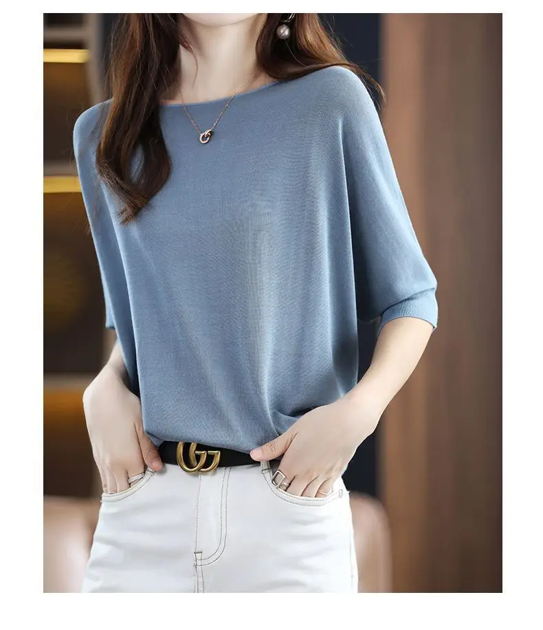 2024 New Summer Sweet Beads Ice Silk Short-sleeved Sweater Women's T-shirt Loose-fitting O-Neck Thin Knitwear Top Woman Tee L171