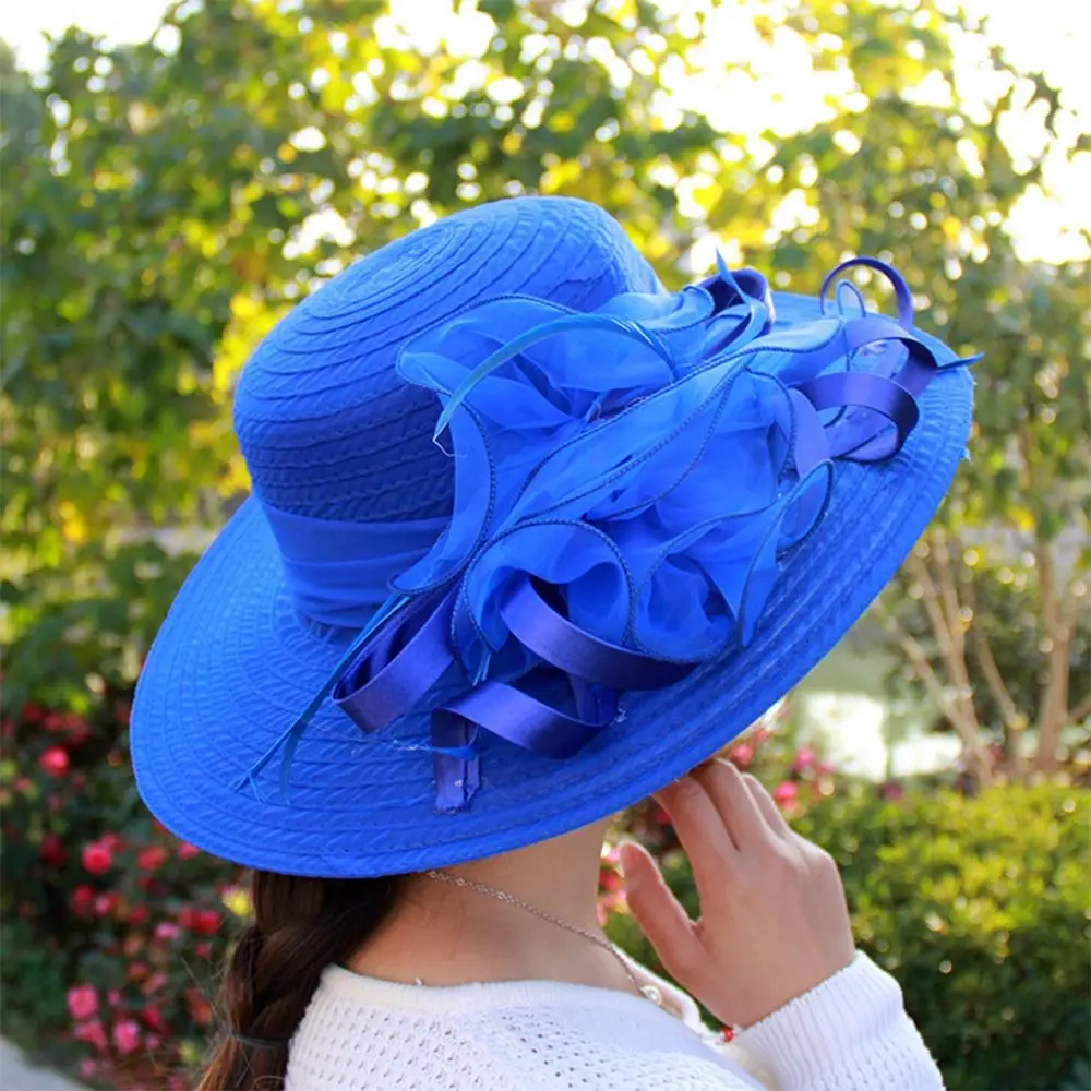 Wide Brim Kentucky-Derby Church Dress Hat Fashion Organza Summer Sun Hat Mesh Fascinators for Travel Vacation