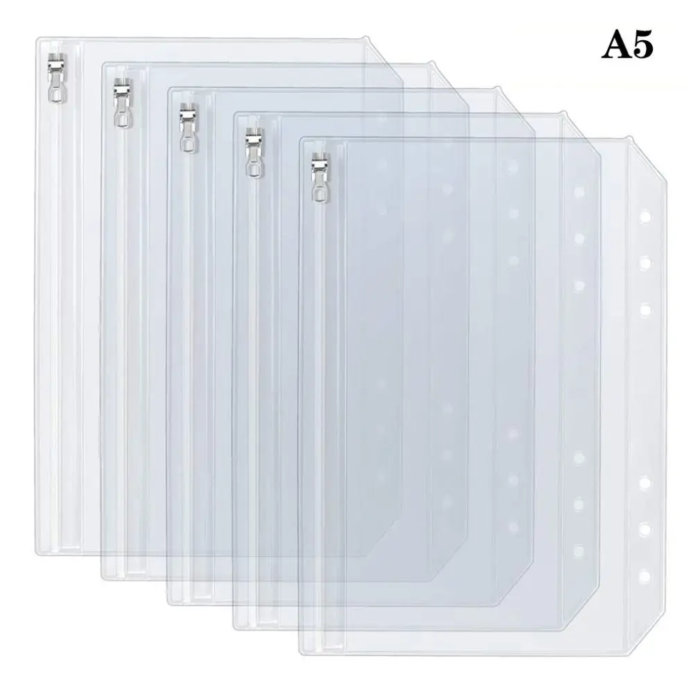 5Pcs A5 A6 Clear Binder Cash Envelopes with Metal Zipper 6-Hole Punched Binder Pocket for 6-Ring Notebook Binder Pouch Organizer