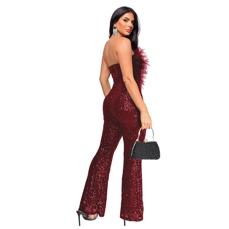 Jumpsuits Women One Piece Sequins Sleeveless Sexy Feather Overalls Long Pants High Waist Rompers Y2k Streetwear Jumpsuit