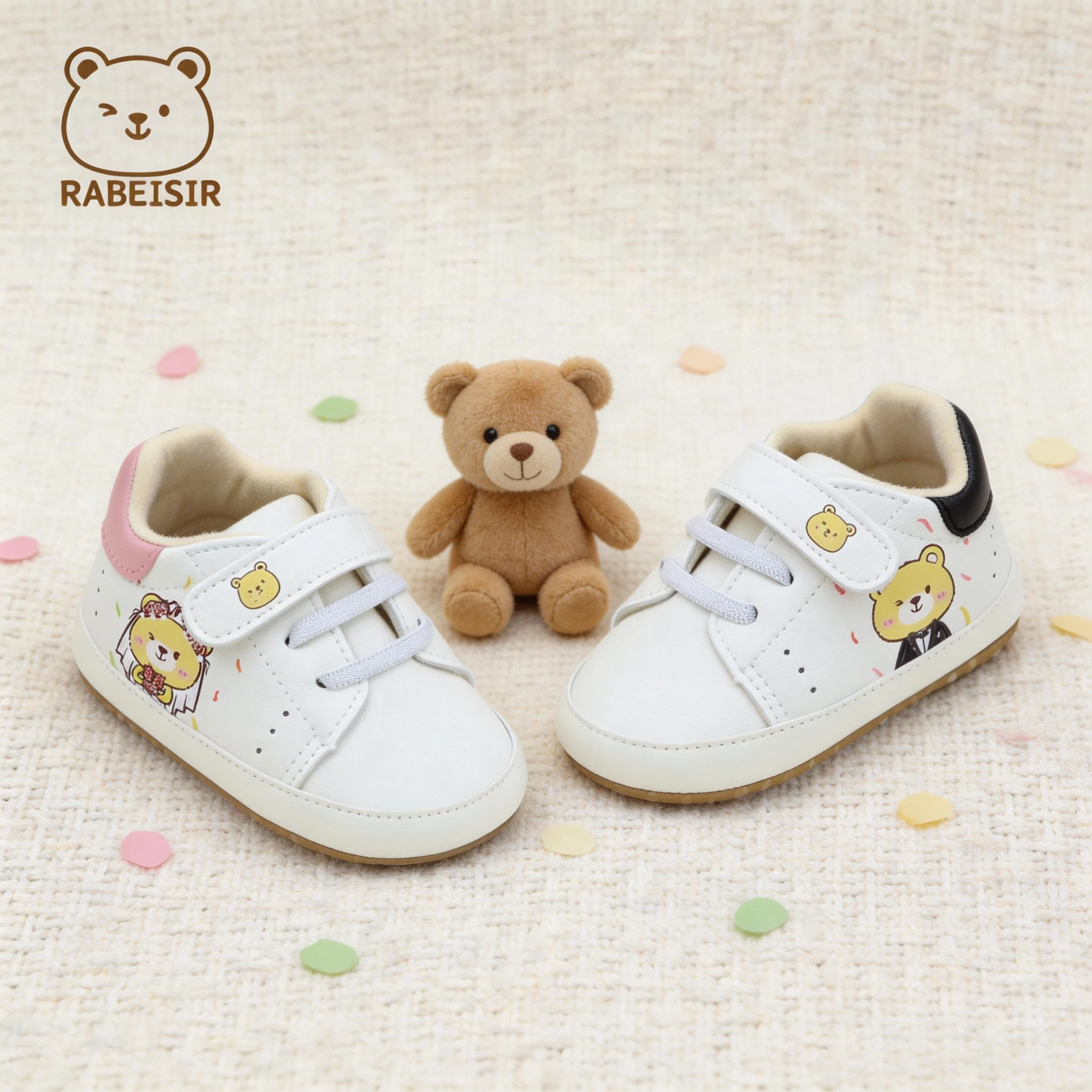 Baby Shoes Boy Girl Cartoon Teddy Bear Velcro White Baby Cute First Walkers Crib Prewalker Shoes 0-18M