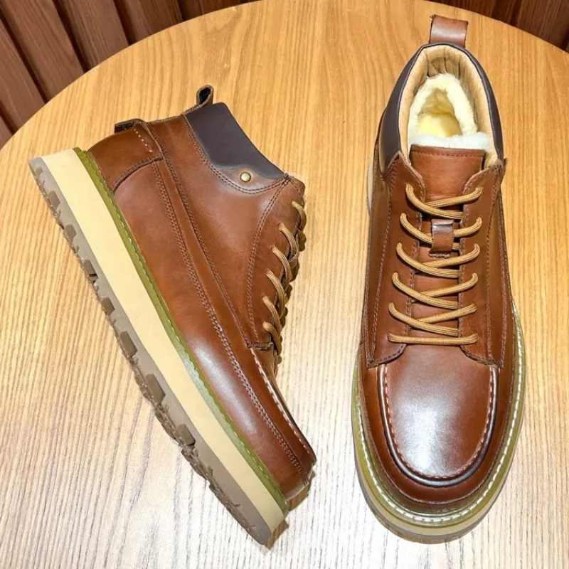 Vintage Patchwork Genuine Leather Winter Work Boots Men's Shoes Wool Fur Lace‑Up Thick Platform Non‑Slip Warm Ankle Snow Boots