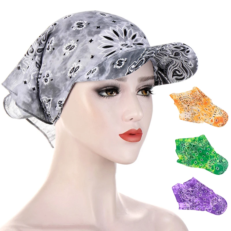 

New Fashion Women Wide Brim Cap with Pre-Tied Turban Caps Head Scarf Windproof Bandana Printed Baseball Cap Headscarf Hat