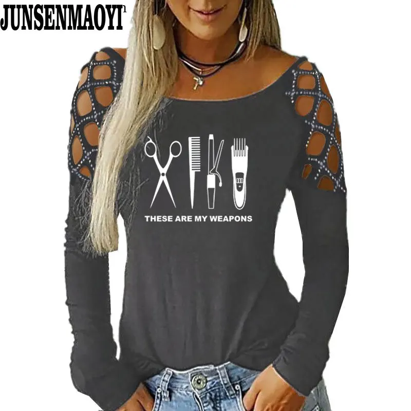 Barber scissors Weapon Long Sleeve T Shirt Casual Women O-Neck Autumn Woman's T-shirt Clothing Hollowing Out Top Tees