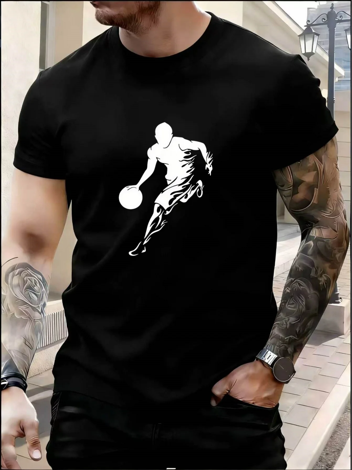 T-shirt à manches courtes imprimé pour hommes, style sportif de basketball, ce t-shirt à manches courtes pour hommes présente un col rond classique