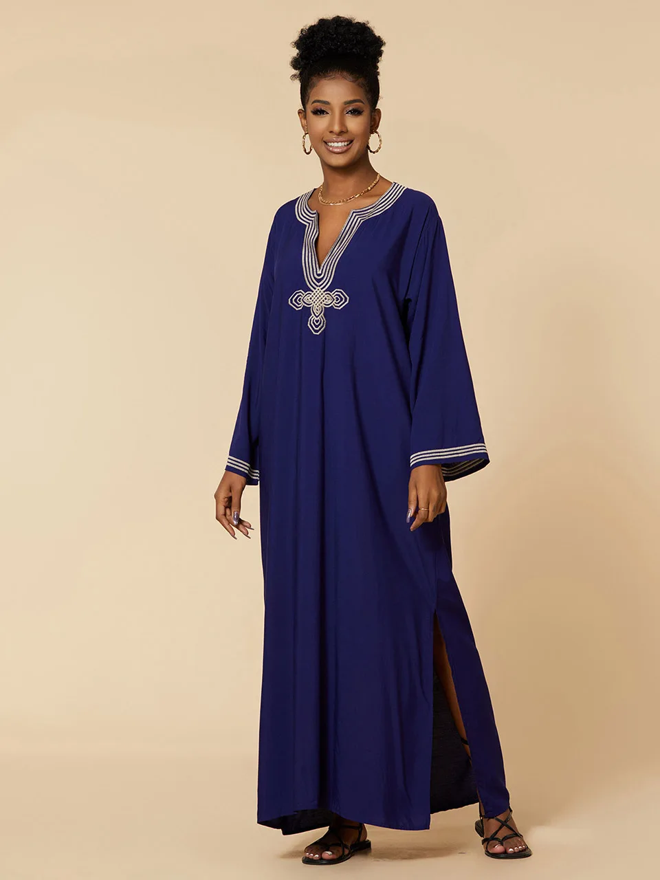 2023 New Sexy Beach Cover Up Long Kaftan Solid Embroid V-neck Dress Woman Bathing Suit Kimono Summer Beachwear Long Dress Robe