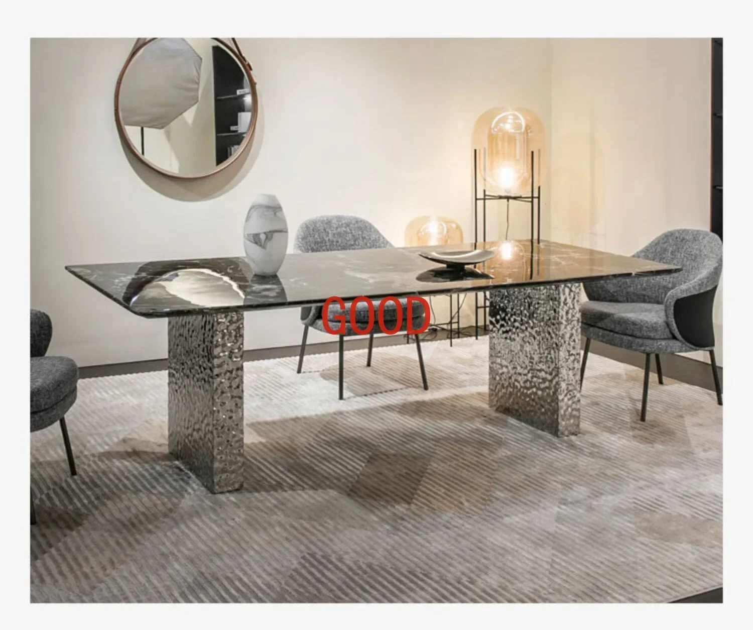 

Simple Natural Marble Dining Table Modern Stainless Steel Table Light Luxury Table