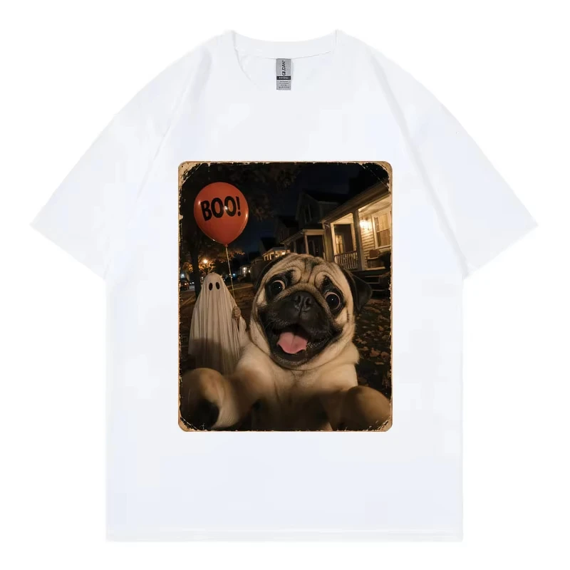 Halloween Pug Ghost Selfie Meme Graphic T Shirts Men Women Vintage Fashion T-shirts Summer Casual Cotton Short Sleeve T-shirt