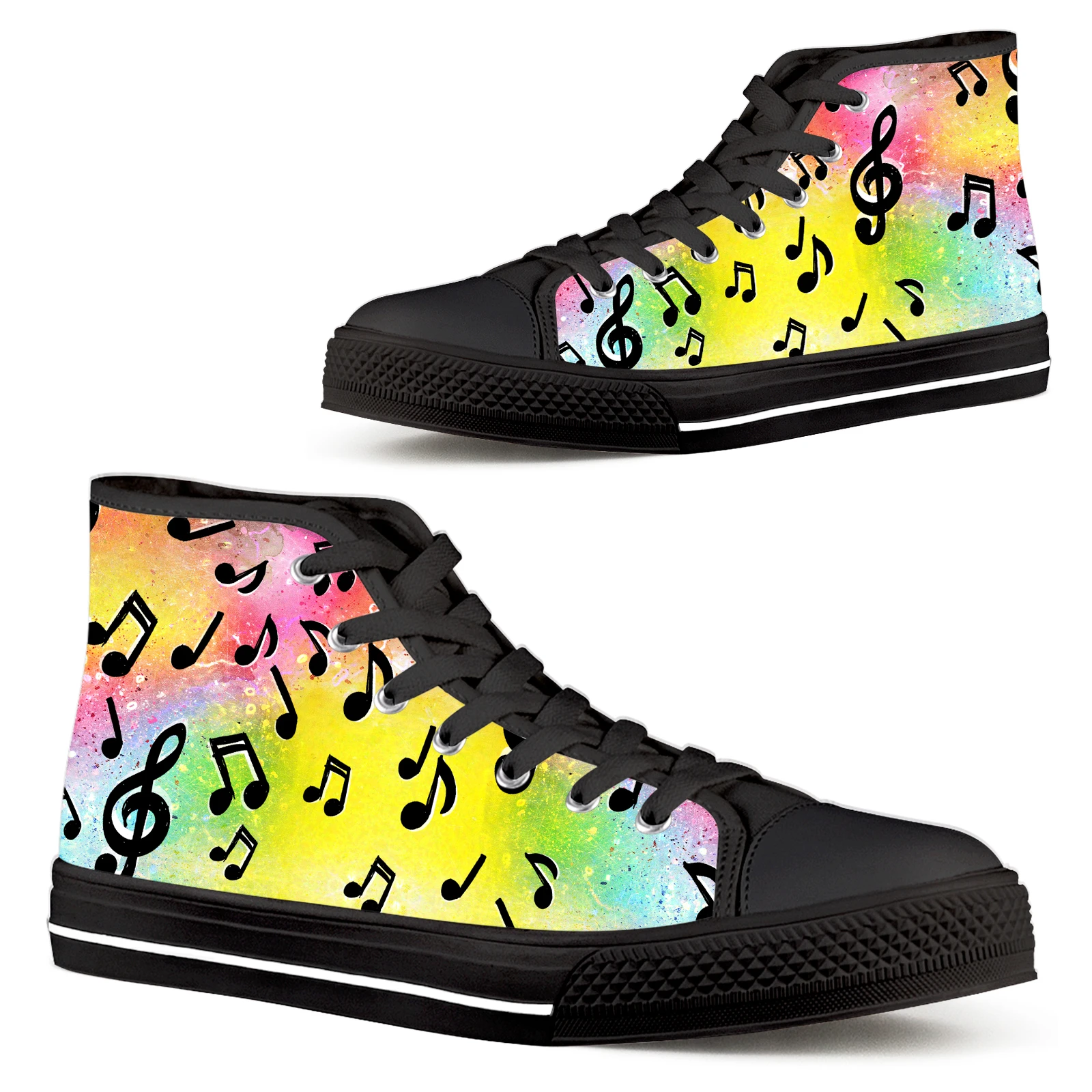 

ELVISWORDS Rainbow Colored Music Notes For Girls Women's Shoes Music Lovers Gift Comfortable Lace Up High Top Canvas Sneaker