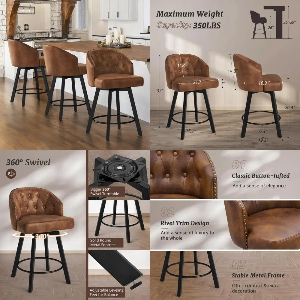 

Set of 3, 26 Inch Swivel Faux Leather Bar Stools with Backrests and Metal Legs, Retro Style Counter Height Stools