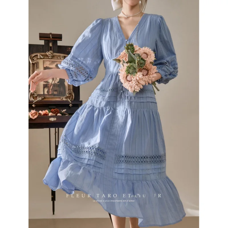 ビーチスタイル新作入荷　夏　エレガント　スリム　レディースワンピース　Vネック　ランタンスリーブ　透かし彫り　Aライン　良質コットンワンピース　Y123