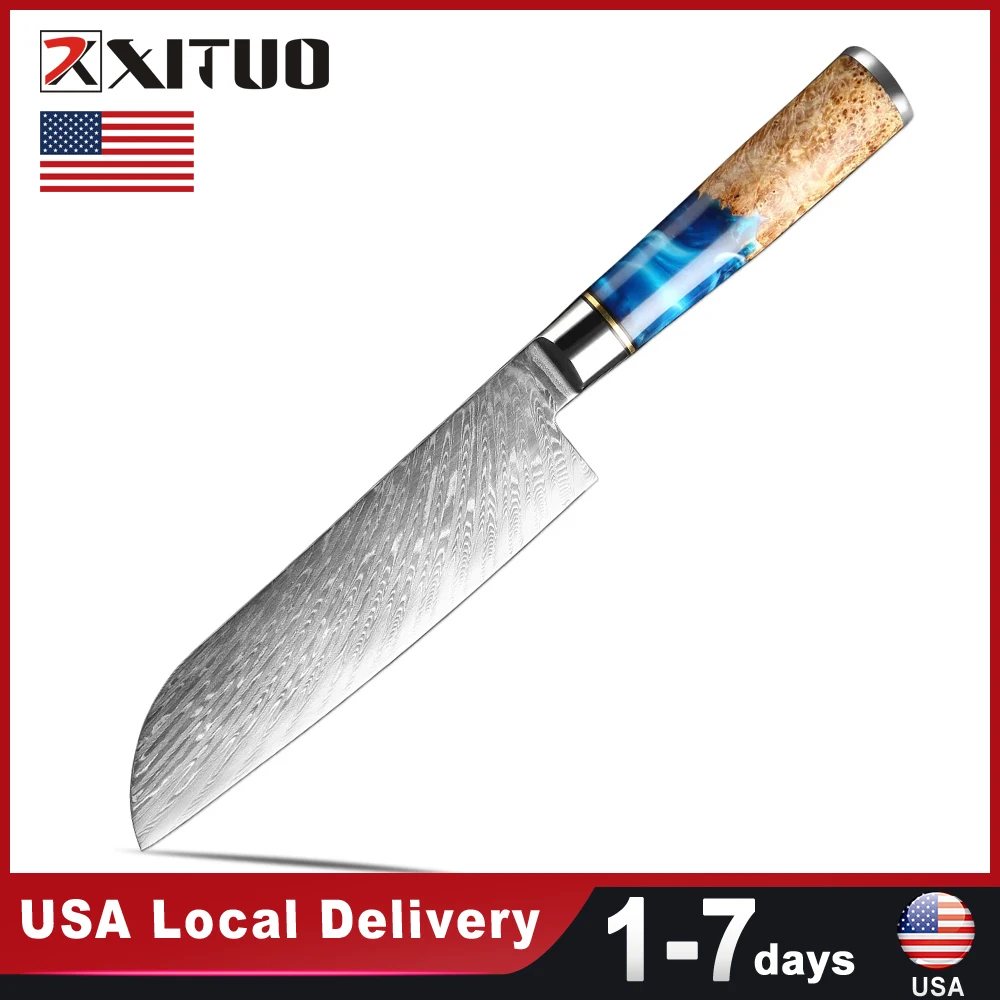 

USA Warehouse Fast Shipping 7"inch Damascus Steel Santoku Knife Blue Resin Handle Kitchen Stainless Steel Sharp Cooking Knives