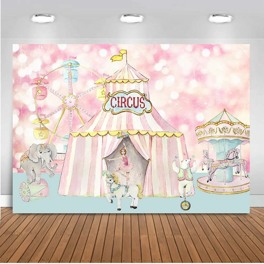 Pastel Pink Circus Birthday Backdrop Carousel Big Top Tent Girls Baby Shower Party Banner Decorations Cake Table Background