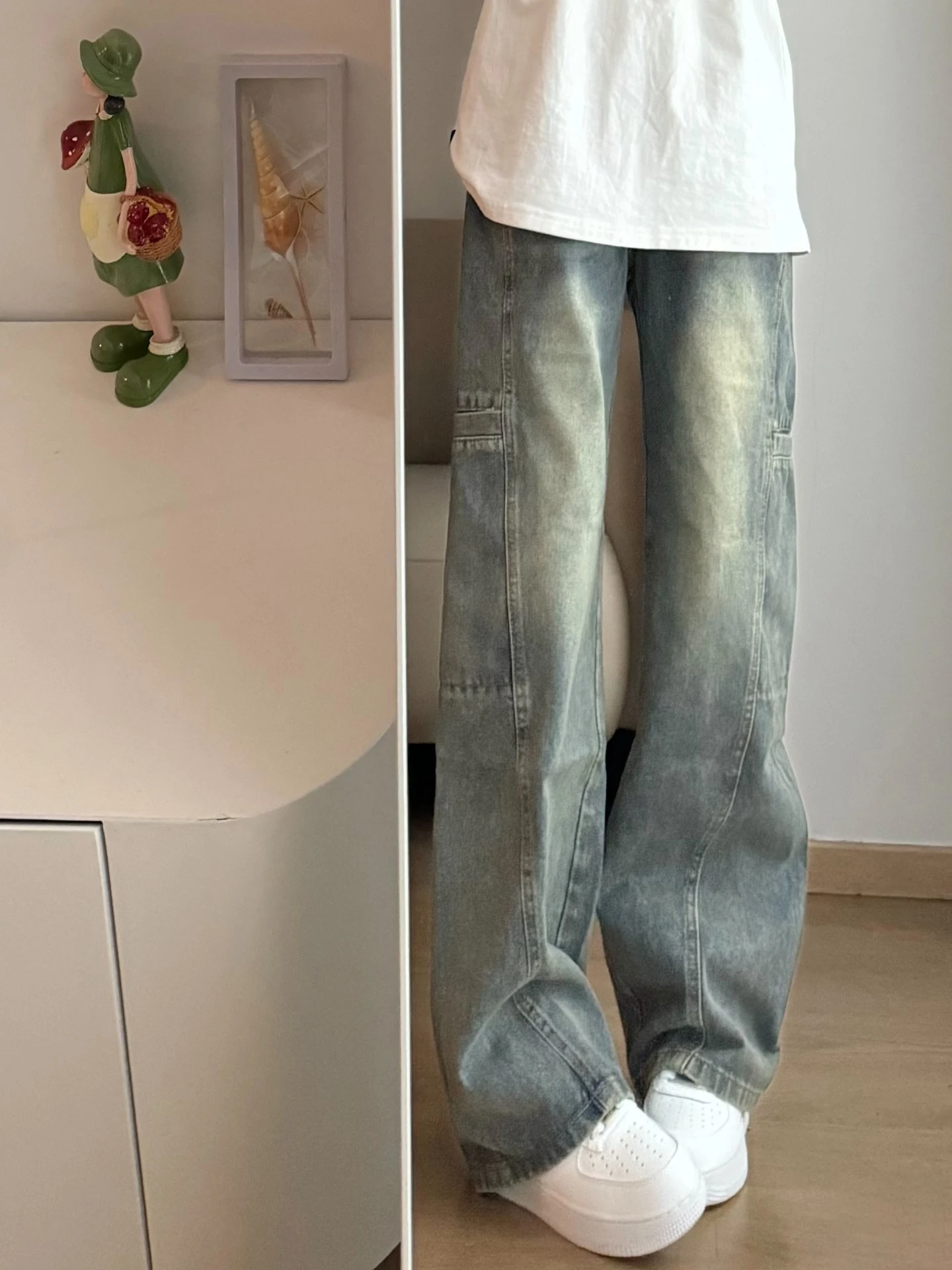 

Retro American High Street Men's Jeans Summer Patchwork Design Straight Loose Workwear Casual Trousers Washed Denim Pants
