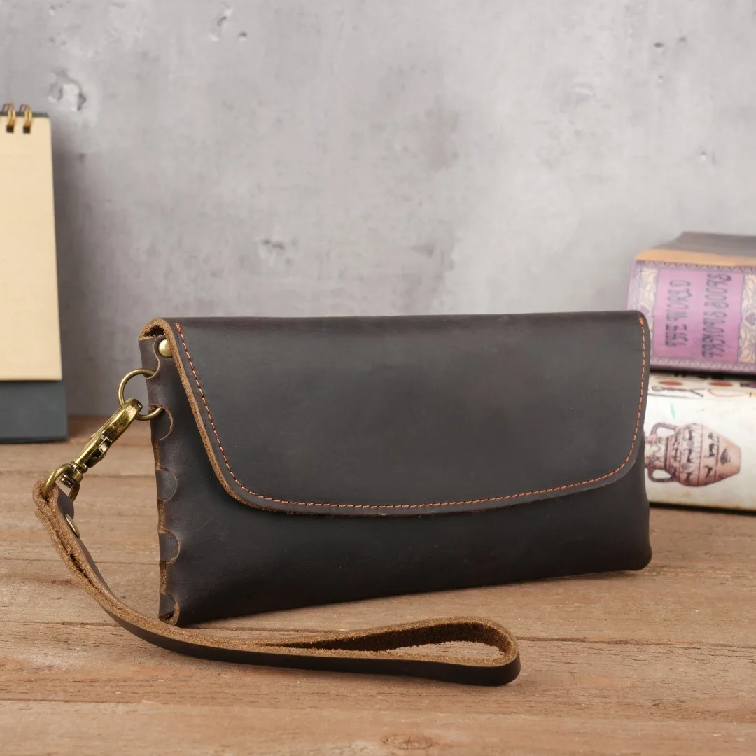 Vintage Handcrafted Leather Clutch Wallet Large Capacity Mobile Phone Bag Simple Cowhide Handbag for Men