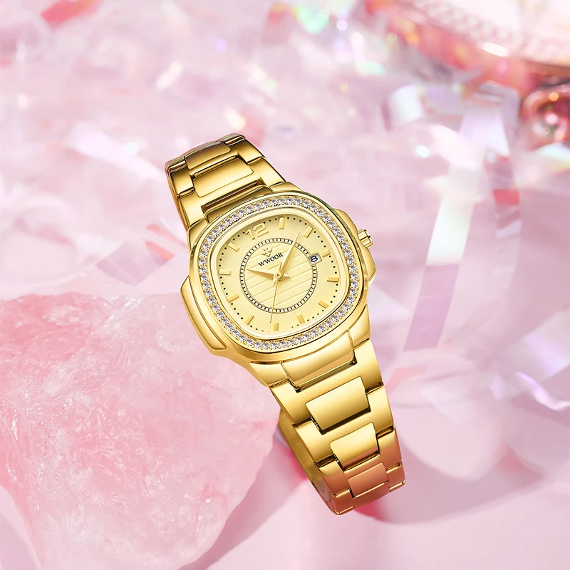 WWOOR jam tangan Quartz wanita, arloji Dress baja tahan karat tahan air tanggal untuk perempuan