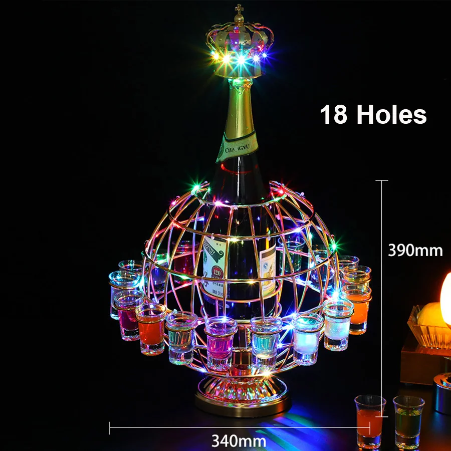 Imagem -05 - Globo Led Suporte de Exposição de Vidro Cremalheira do Vinho Copo de Coquetel Titular Bandeja de Serviço de Vidro de Tiro Bar Fontes do Partido Metal 18 Buracos