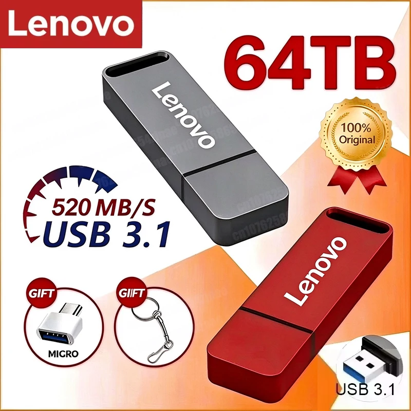 Lenovo 64TB Flash Drive USB3.2 High-Speed Metal Pen Drive 16TB Large Capacity Mini Portable U Disk Memory Stick For Computer Car