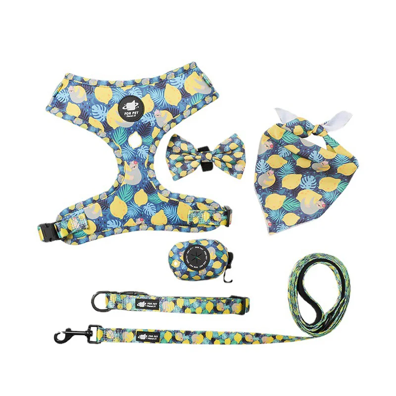 Pet Harness Vest Collar Leash Set Adjustable Dog Collar Dog Poop Bag Holder Dog Bowtie Triangle Scarf Set Dog Accessories