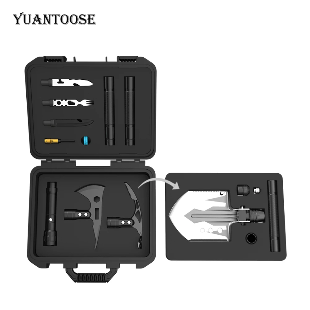 

Multitool Camping Folding Shovel Axe Survival Shovel Kit With Flashlight Knife And Fork
