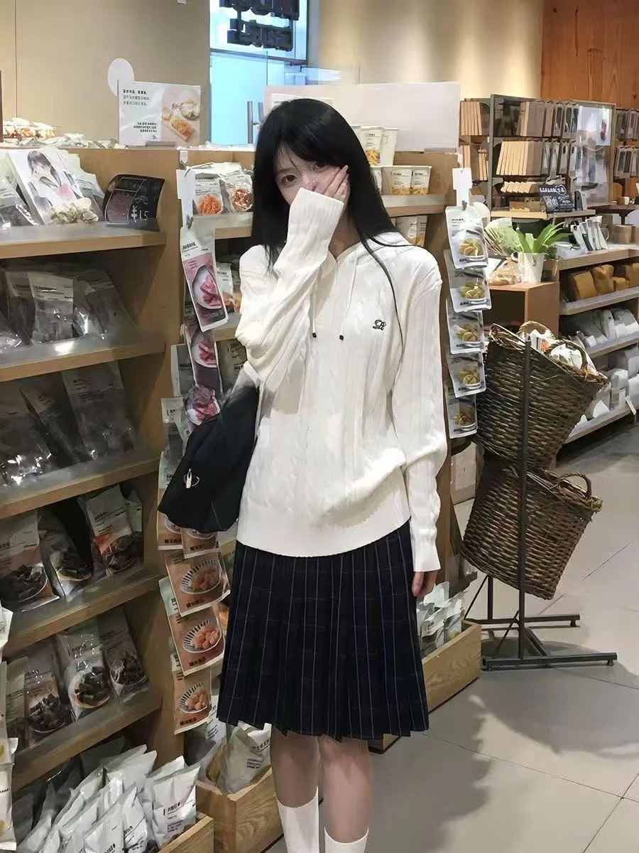 

College Style Knitted Sweater Jk Uniform Long Sleeve V Neck Overlap Wear Outerwear Casual Fashion Women's Ensemble