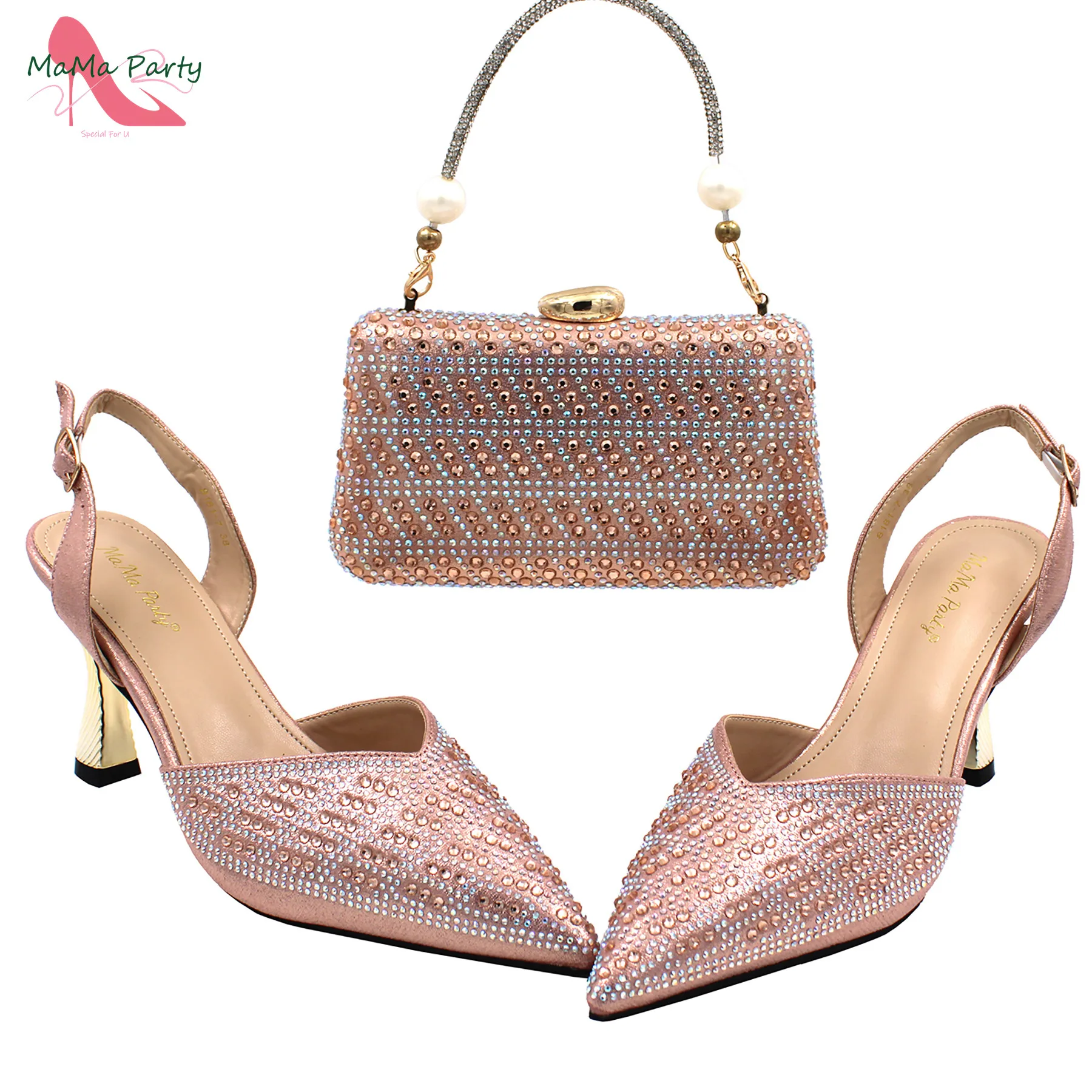 Conjunto de zapatos y Bolsa nigerianos para mujer, recién llegados, Color melocotón, decorados con tacones especiales de diamantes de imitación para fiesta de boda