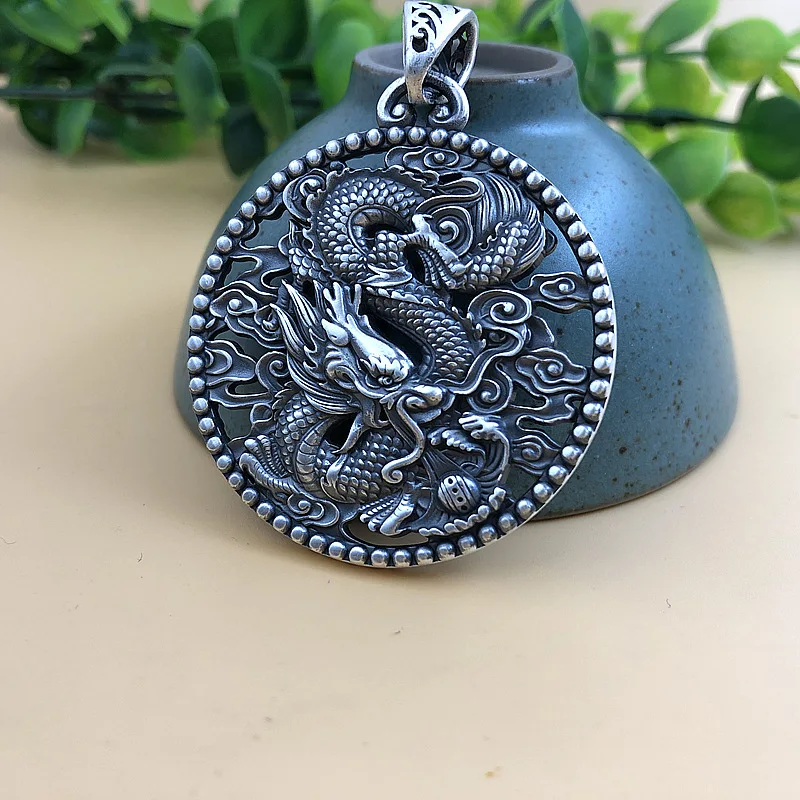 Buyee 925 Sterling Silver Male Big Pendant Chain Elegant Chinese Dragon Necklace for Men Fashion Round Fine Jewelry Chain Gift