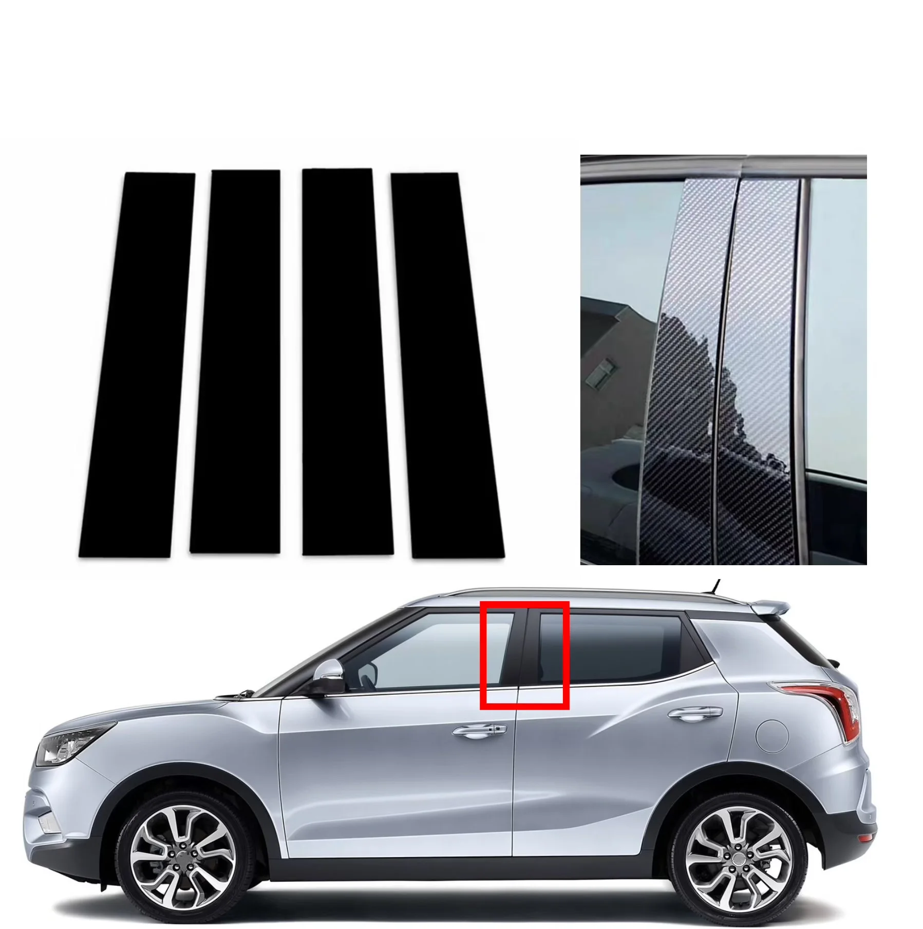 4pcs Silver Carbon Glossy Black Pillar Posts Fit For Fit For SsangYong Tivoli 2015 2016-2023Door Side Decor Window Cover Sitcker