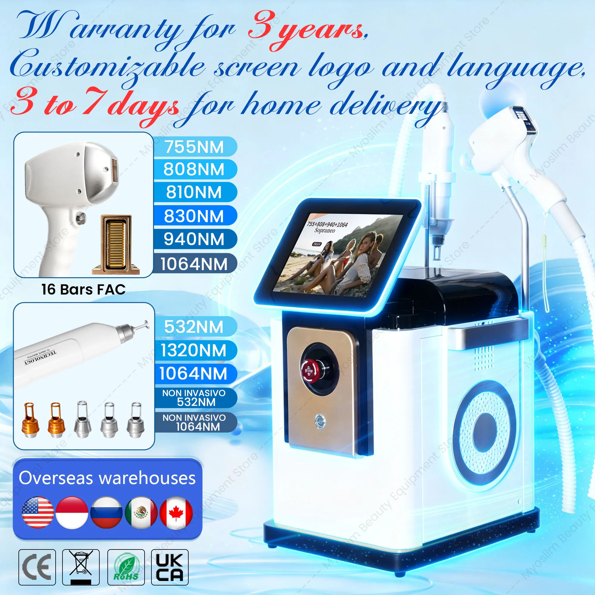 7000W 6Wavelength Diode Laser Hair Removal Machin Picosecond Laser Tattoo Washing Machine Ice Cooling Painless Permanent Hair