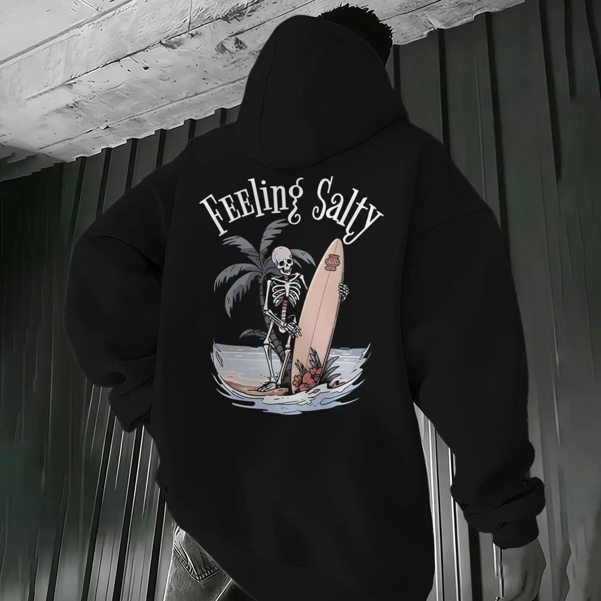 

Skeleton Surfing Palm Tree Design Hoodies "Feeling Salty" Skeleton Surf Hoodie Men Women Double-Sided Beach Graphic Sweatshirts