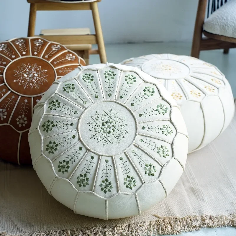 50x30cm Moroccan PU Leather Pouf Embroider Craft Soft Footstool Ottoman Home Decor Artificial Leather Unstuffed Cushion