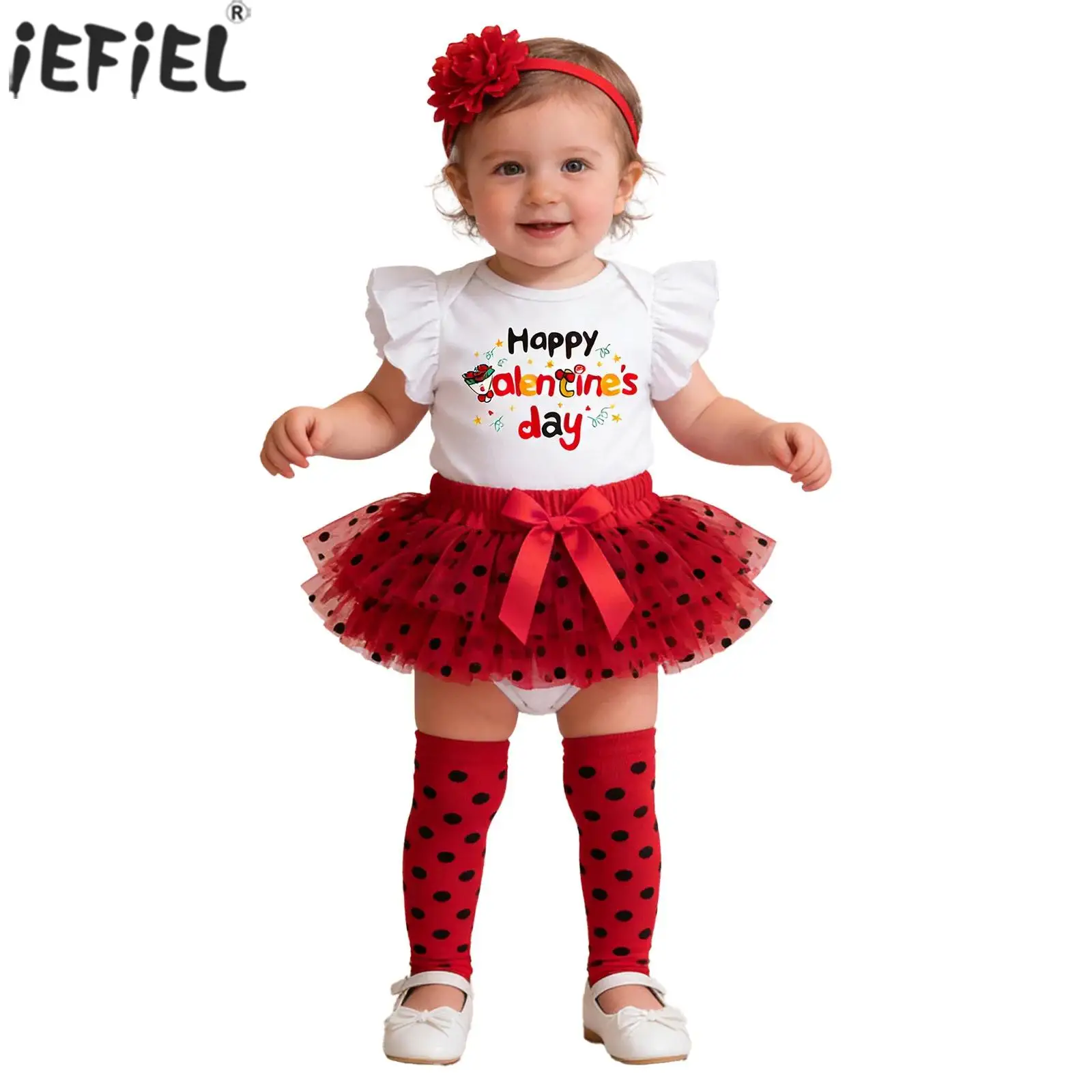 

Newborn Baby Girls Valentine's Clothes Outfit Ruffled Sleeves Letter Print Romper with Bow Dots Tulle Skirt Headwear Leg Warmers