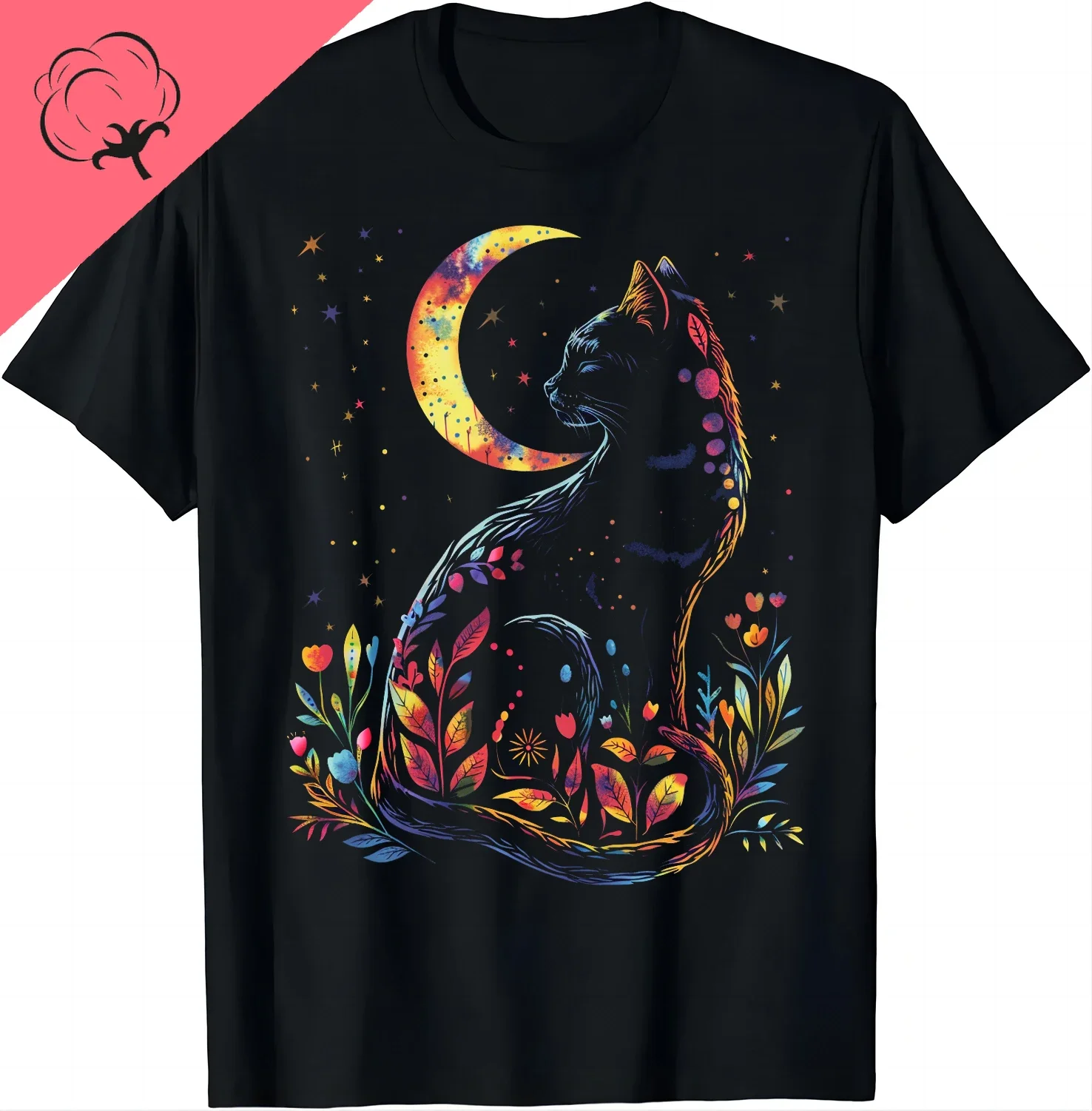 Mystic Moon Cat Tee - Starry Night Magic T Shirts  Graphic T Shirts Cotton Aesthetic Clothes Tops Shirts for Women Ropa De Mujer