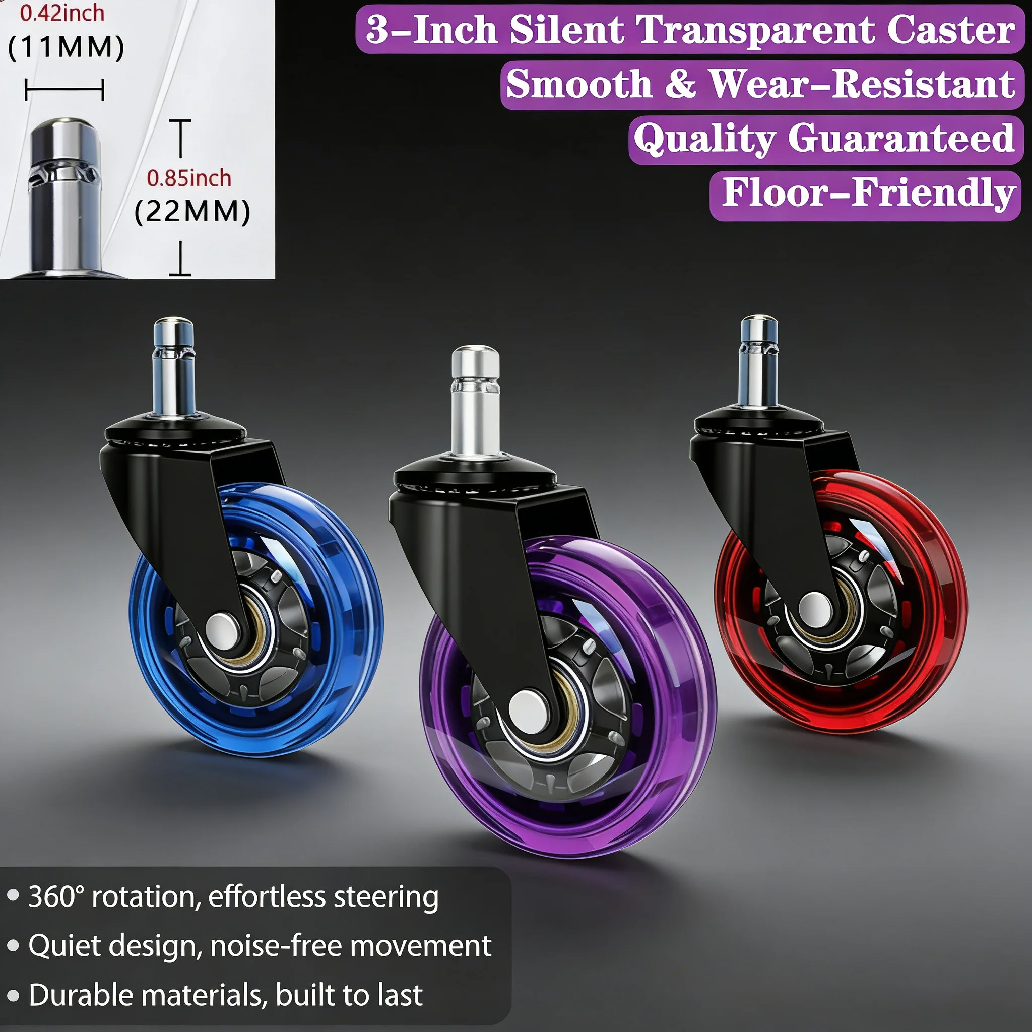 5pcs 3 Inch Office Chair Casters, M11x22mm Pu Heavy Duty Silent Rolling Casters For Gaming Chair